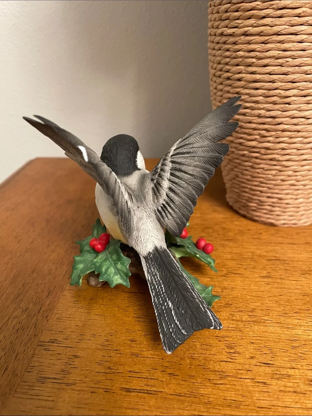 Lenox Fine Porcelain CHICKADEE Bird Figurine with Holly & Red Berries Decor